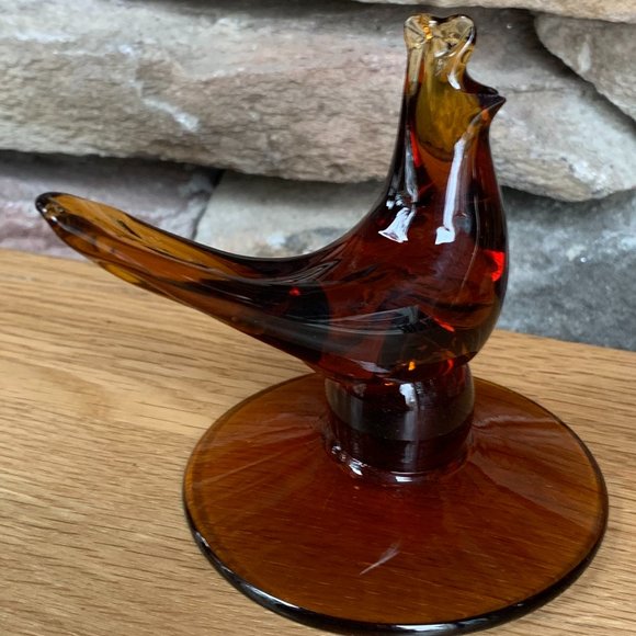 VTG Compote Hand Blown Rigaree Trim Lidded Rooster Amber Pedestal Art Glass - Picture 7 of 12